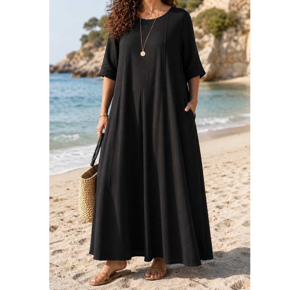 ADEPTT Sharon‎ Linen Maxi Dress S Lagenlook Minimalist Relaxed Resort Black NWT